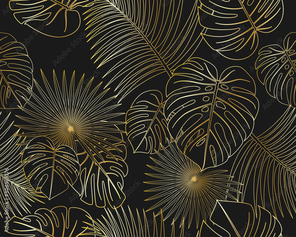 Fototapeta Seamless pattern of exotic jungle tropical golden palm leaves on black background - Vector illustration