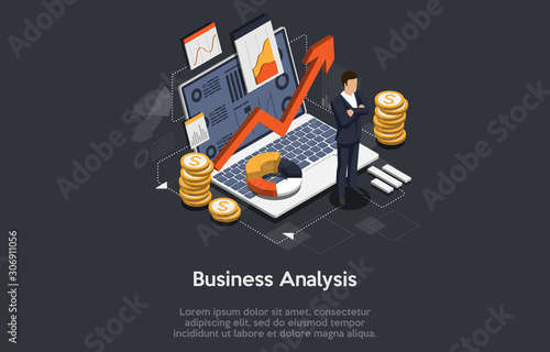 Isometric business analysis and planning, consulting, team work, project management, financial report and strategy concept. Unity and teamwork concept.