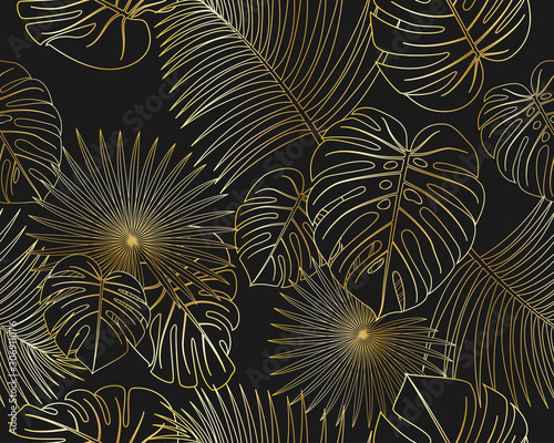 Fototapeta Bezszwowy wzór egzotycznej dżungli tropikalna złota palma opuszcza na czarnym tle - Wektorowa ilustracja