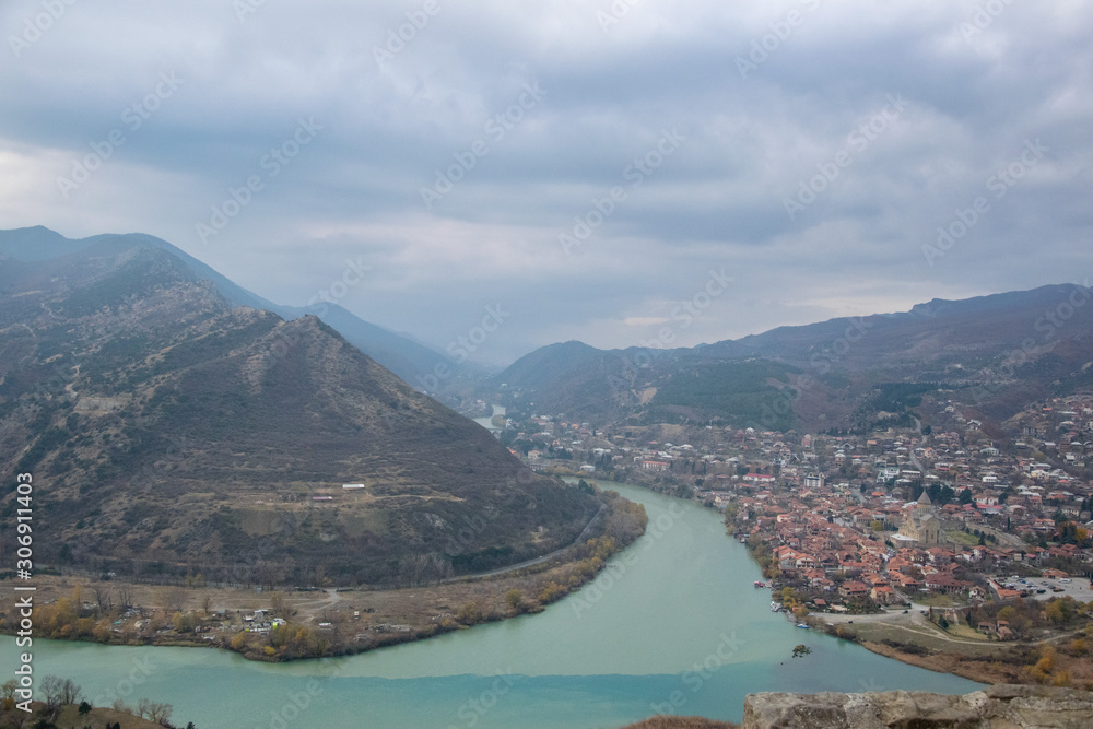 view of mountains and river in Mtskheta Georgia 