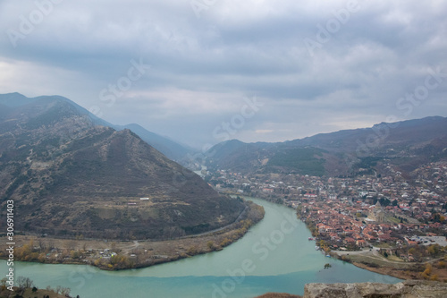 view of mountains and river in Mtskheta Georgia 