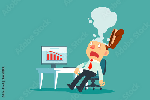 exhausted businessman at his desk with smoke from his head