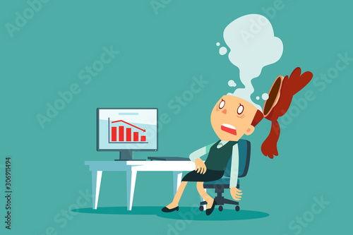 exhausted businesswoman at her desk with smoke from her head