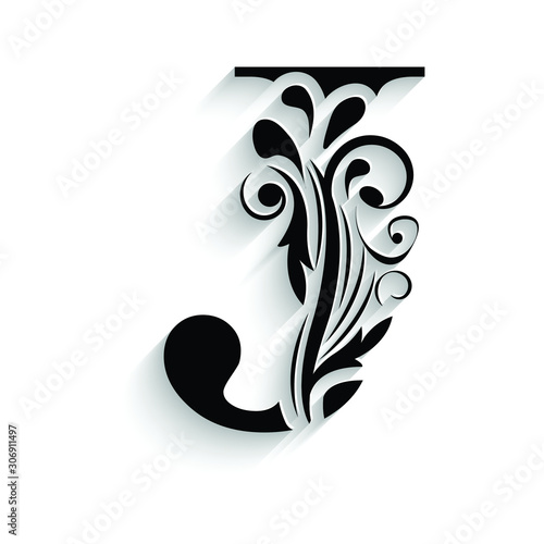 letter J. Black flower alphabet.  Beautiful capital letters with shadow