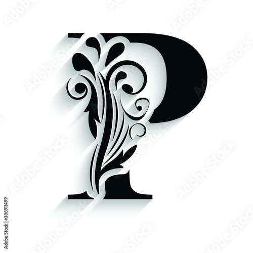 letter P Black flower alphabet.  Beautiful capital letters with shadow