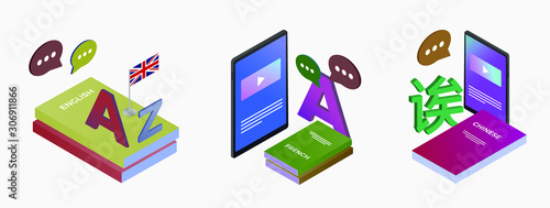 Learning foreign language illustration set concept. Textbooks in English, French and Chinese. Online studying, England flag and A letters of Latin and Chinese alphabet. E-learning and teaching