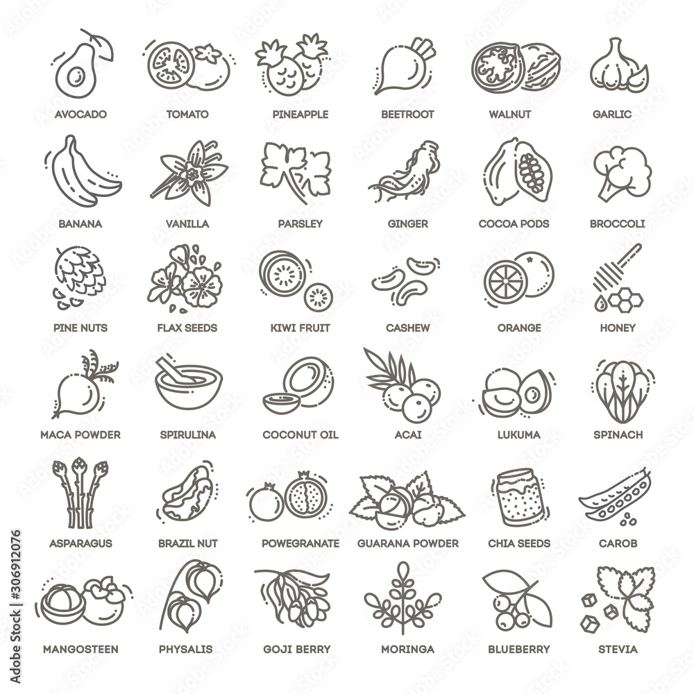 Superfoods line vector icons. Superfoods line vector icons.