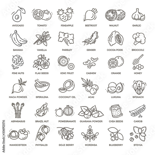 Superfoods line vector icons.