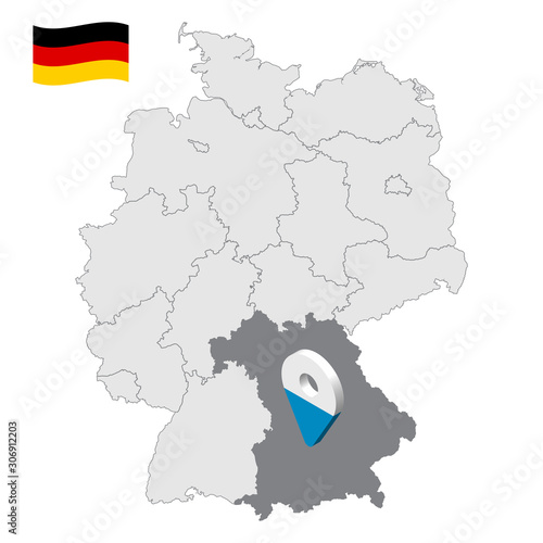 Location of Bavaria on map Federal Republic of Germany. 3d Bavarian location sign similar to the flag of Bavaria. Quality map of Germany. EPS10.