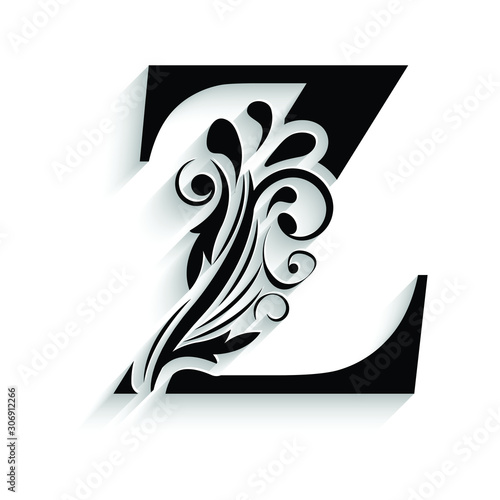 letter Z. Black flower alphabet.  Beautiful capital letters with shadow