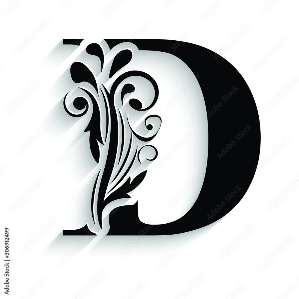 letter D. Black flower alphabet. Beautiful capital letters with shadow ...