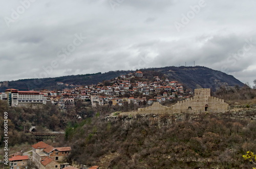 Springtime panorama of a ruins of Trapezitsa, medieval stronghold located on a hill with the same name in Veliko Tarnovo, Bulgaria, Europe 