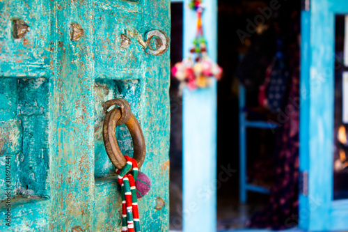 Close up blue door, Bhutan style door entrance. photo