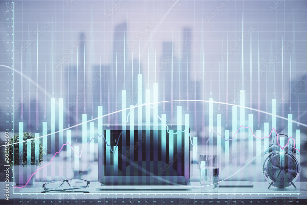 Forex graph hologram on table with computer background. Multi exposure. Concept of financial markets. Forex graph hologram on table with computer background. Multi exposure. Concept of financial markets.