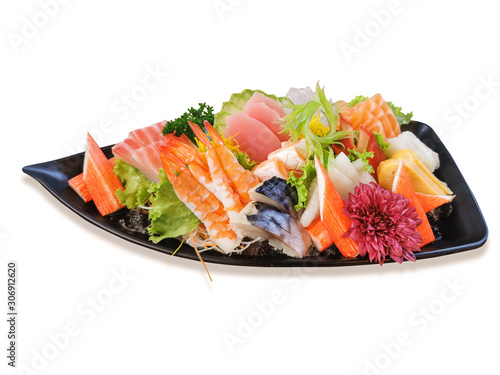 ๋Japanese foods sashimi set , Salmon Tuna Saba Sliced ​​,Crab stick, shrimp, sweet egg, abalone and squid on Black boat tray