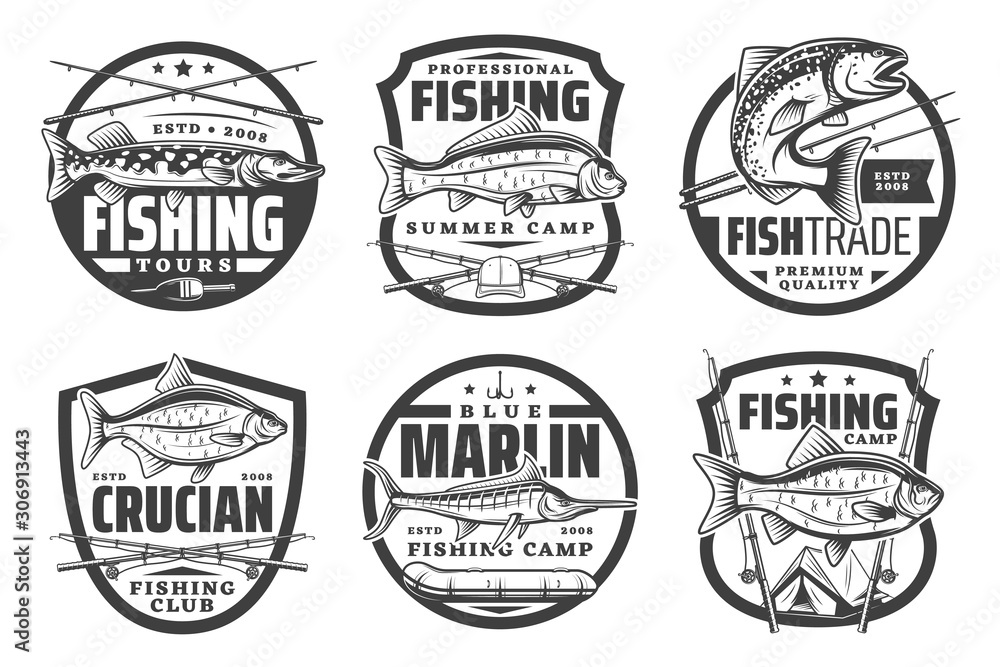 Fishing club, fisherman summer camp and big fish catch tours icons. Vector fishing tournament badges, fisher equipment tackles, rods and lures for sea tuna, salmon or marlin and river pike