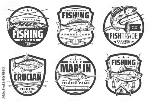 Fototapete Fishing club, fisherman summer camp and big fish catch tours icons