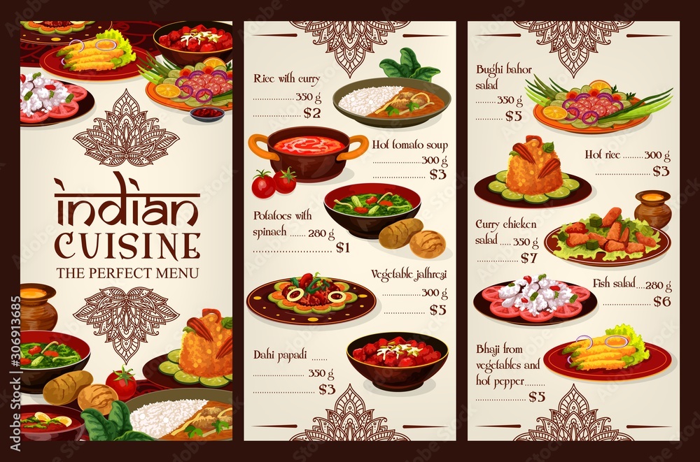Indian Cuisine Food Menu Traditional India Restaurant Dishes Vector 