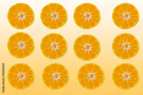 Fresh mandarin fruit pattern, isolated on orange background