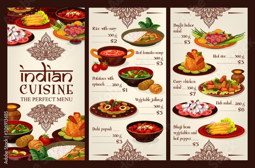 Indian cuisine food menu, traditional India restaurant dishes. Vector dollar price menu for curry rice, hot tomato soup and spinach potatoes, vegetable jalfrezi, dahi papdi and bughi bajor salad