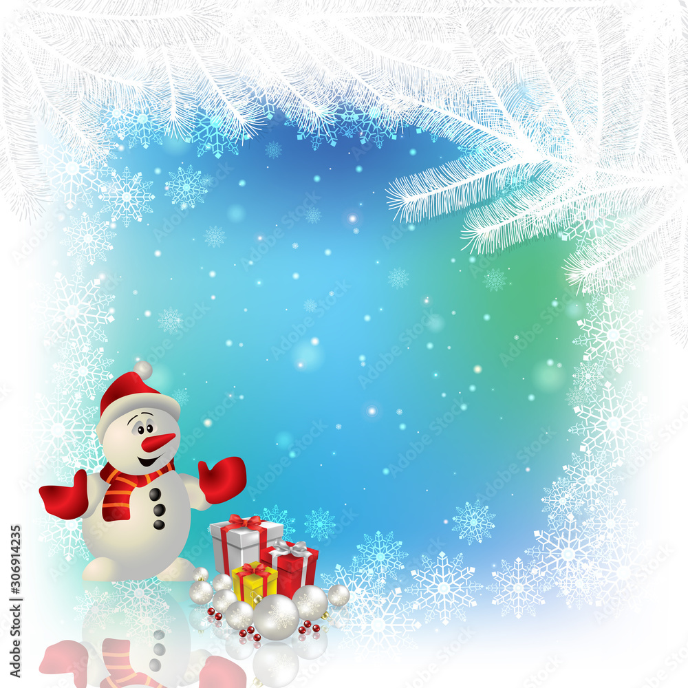 Abstract blue white background with Christmas decorations and snowman Abstract blue white background with Christmas decorations and snowman
