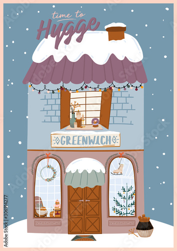 Cute winter house poster. Christmas holiday season. Flat vector illustration in trendy scandinavian style and holiday lettering. European city. Good for shop, store, cafe and restaurant