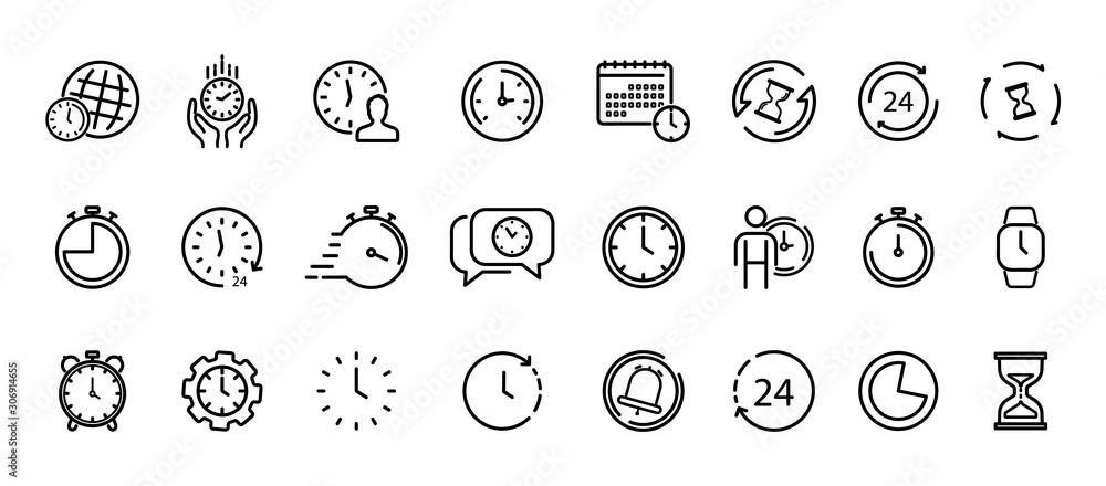 Time and Clock thin line icons. Time management, 24 hour clock, deadline alarm. Calendar, Clock, Time, Date, Timer, Sand hourglass, Digital smartwatch, Timer stopwatch vector sign collection. Time and Clock thin line icons. Time management, 24 hour clock, deadline alarm. Calendar, Clock, Time, Date, Timer, Sand hourglass, Digital smartwatch, Timer stopwatch vector sign collection.