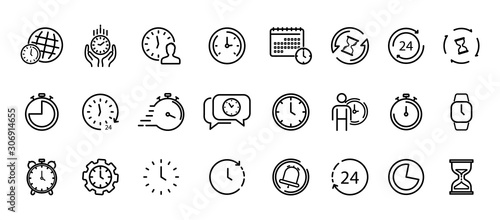 Time and Clock thin line icons. Time management, 24 hour clock, deadline alarm. Calendar, Clock, Time, Date, Timer, Sand hourglass, Digital smartwatch, Timer stopwatch vector sign collection. photo
