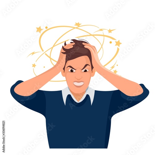 Stressed and frustrated man squeezing head with hands. Vector