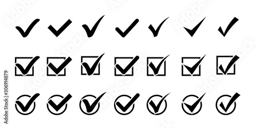 Set of Black Check Marks icons. Tick symbol. Black confirm icons. Different check marks or ticks in boxes. Confirmation, acceptance positive passed, voting agreement, completion of tasks on a list