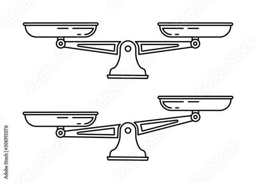 Set of Scales. Bowls of scales in balance, an imbalance of scales. Libra, vector illustration. Line design