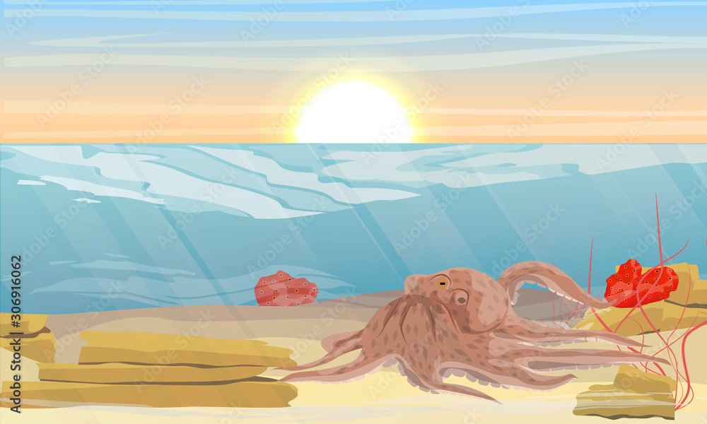 Big octopus lies at the bottom of the tropical sea. Tropical fish, sponges and seaweed. Realistic vector landscape