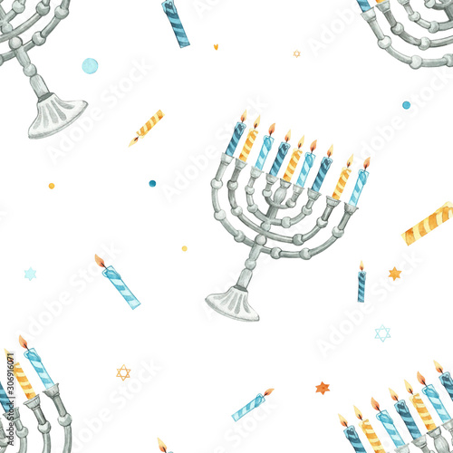 Hanukkah seamless pattern. Hand drawn watercolor illustration isolated on white background.Menorah candles, David star, flying dove and handwritten lettering. Jewish festival of lights pos