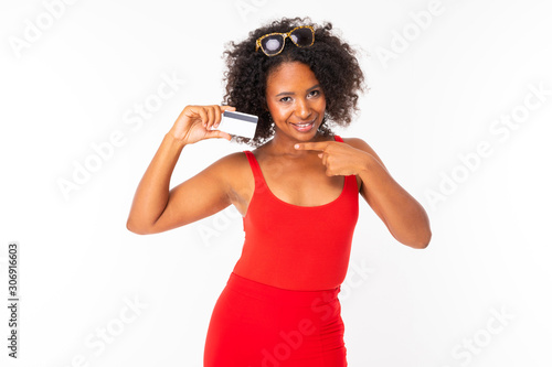 African female with plastic card, picture isolated on white background