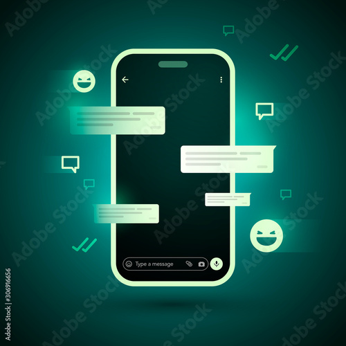 Vector Illustration Futuristic Cyber Messenger Concept. Smartphone With Chat Bubbles And Emoticons.