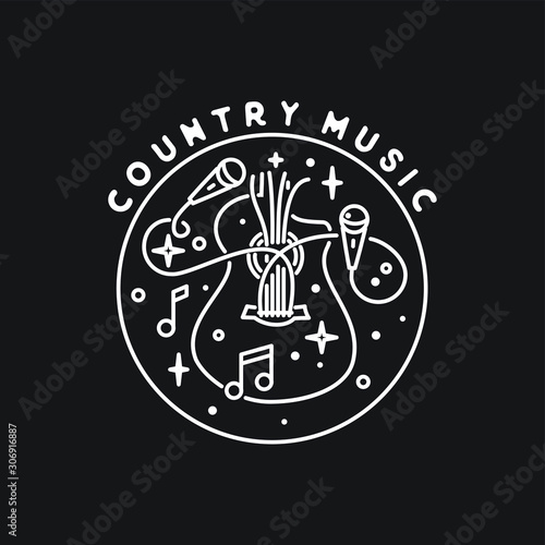 guitar music mono line badge hand drawn line art logo vector illustration 