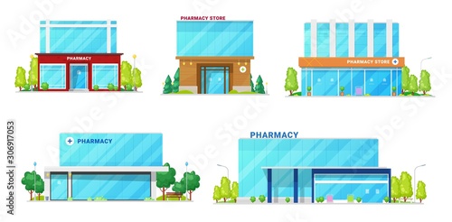 Pharmacy buildings, drug store and medical institution architecture facade icons. Vector modern pharmaceutical center or drugstore and clinic buildings with urban infrastructure, tress and entrances