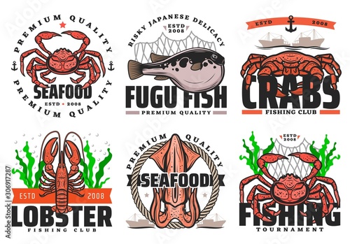 Fishing club, seafood and big fish catch tournament icons. Vector fisher equipment tackles, rod and lures for sea crab, ocean lobster, squid and Japanese fugu fish, fishery boat ships and net