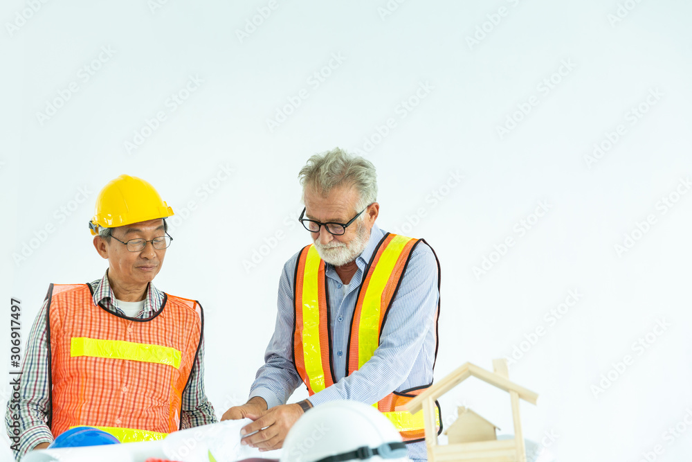 the old men is planning on workflow engineer team to building concept. portrait on white background. working people concept. the old men is planning on workflow engineer team to building concept. portrait on white background. working people concept.