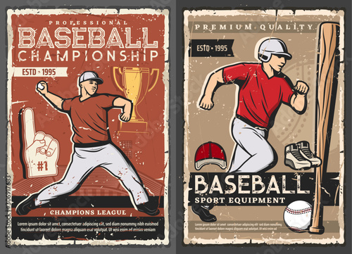 Baseball victory cup championship and professional spot batter bat, glove and ball equipment shop. Vector vintage retro posters, softball team and college league club players tournament