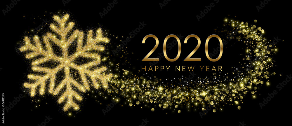 2020 Happy New Year Card With Golden Snowflake In Abstract Black Night 2020 Happy New Year Card With Golden Snowflake In Abstract Black Night