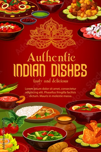 Indian authentic cuisine dishes, India restaurant traditional food menu cover. Vector vegetarian vegetables, curry rice and masala spices, breakfast, lunch and dinner gourmet cooking recipe