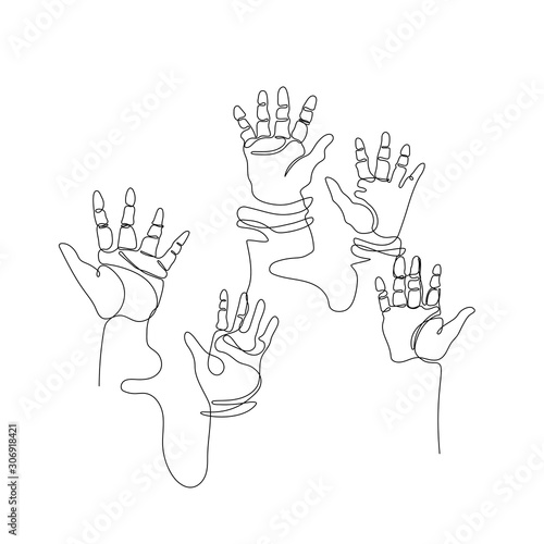Hands drawn in one line. A lot of hands raised up.