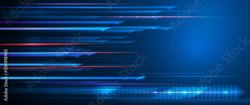 Vector Abstract, science, futuristic, energy technology concept. Digital image of arrow sign, light rays, stripe lines with blue light, speed movement pattern and motion blur over dark blue background