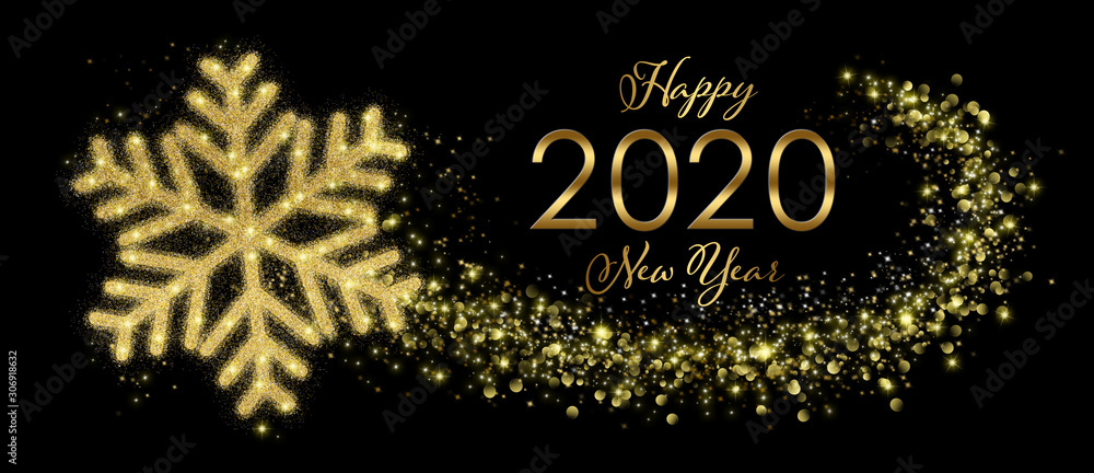 Happy 2020 New Year Greeting Card With Golden Snowflake In Abstract Black Night
