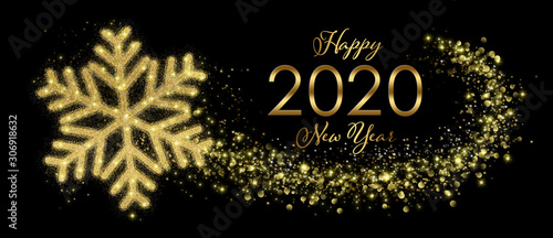 Happy 2020 New Year Greeting Card With Golden Snowflake In Abstract Black Night