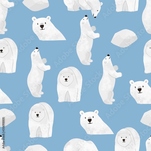 Watercolor winter background with polar bear,ice.Vector illustration seamless pattern for background,wallpaper,frabic.Editable element