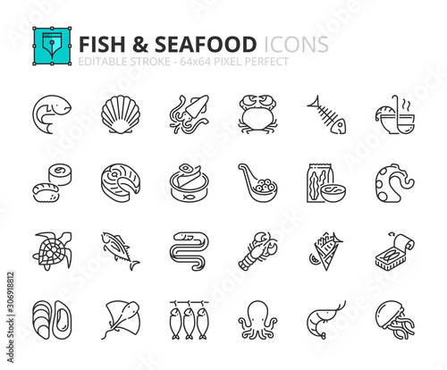Simple set of outline icons about fish and seafood