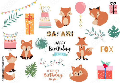 Cute animal object collection with fox and leaves.Vector illustration for icon,logo,sticker,printable.Include wording wild and free
