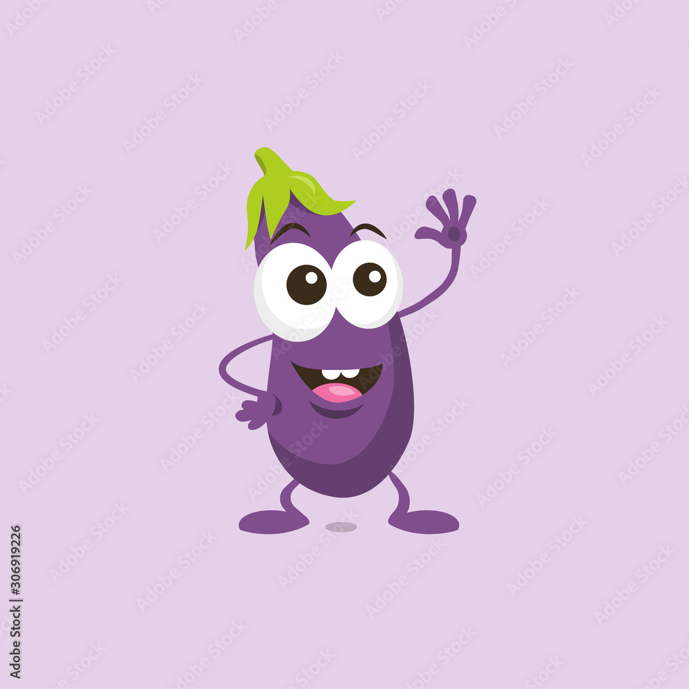 Illustration of cute happy eggplant mascot greeting someone with big smile isolated on light background. Flat design style for your mascot branding.